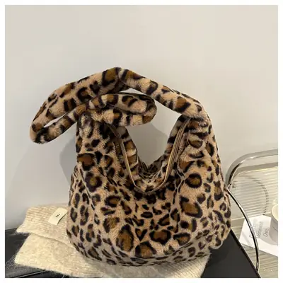 Leopard Print Fur Shoulder Bag 2024 Winter Autumn
