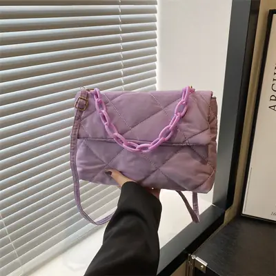 Women's Purple Quilted Crossbody Bag with Pink Chain