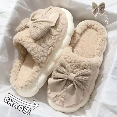 Bow Cotton Slippers Women Winter Warm Indoor