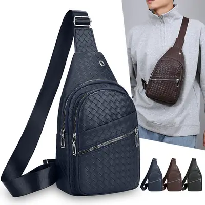 Black Leather Chest Bag for Men Crossbody Shoulder