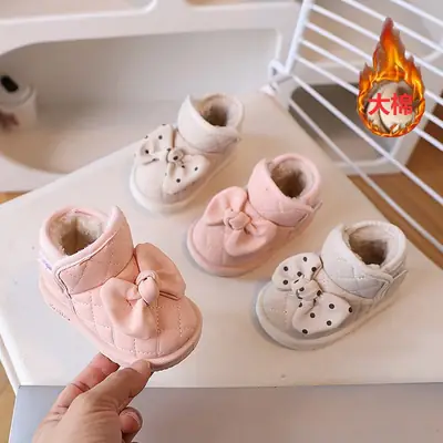Winter Warm Shoes with Bowknot, Baby Toddler Shoes, Girls' Shoes, Short Boots, Fleece-Lined, Thickened, Warm Snow Boots, Cotton Shoes