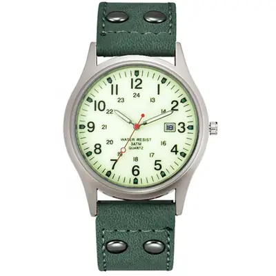 Men's Green Dial Date Quartz Leather Band Watch