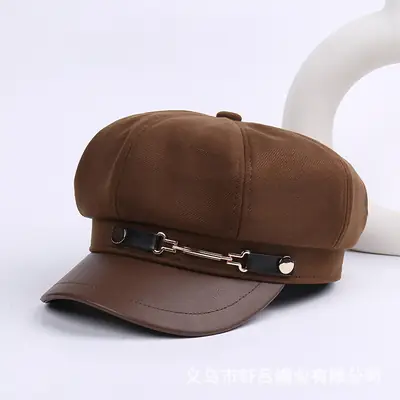 Women British Belt Buckle Cap Autumn Winter Wool Warm