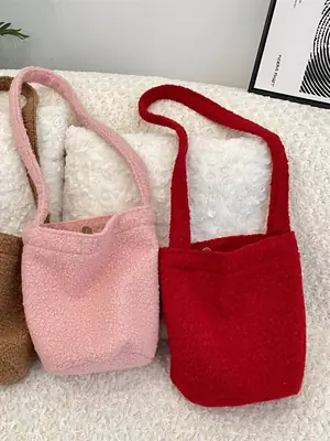 Pink Korean Plush Bucket Bag for Students Winter Commute