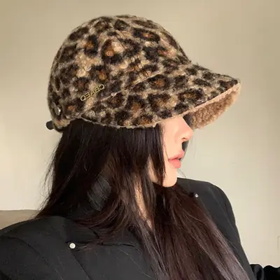 Leopard Print Women's Winter Plush Fisherman Hat