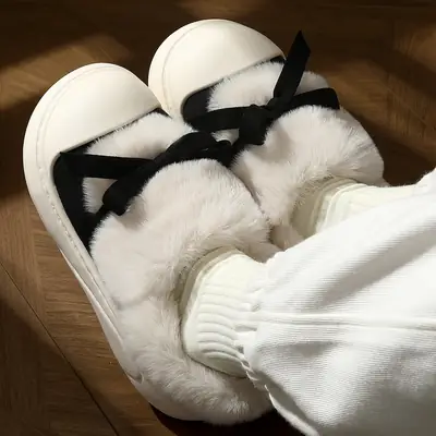 Women Winter Cotton Slippers White Warm Platform Heel