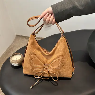 Women's Butterfly Embroidered Throw Tote Bag Brown Black Tan Large Capacity Bow Shoulder Crossbody Multi-purpose Bag