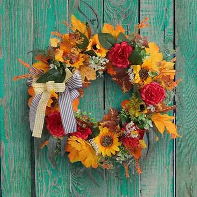 Thanksgiving Wreath Wrought Iron Bow Rattan Decor 262g