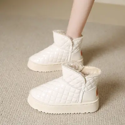 Women White Fleece Lined Snow Boots Thick Non-Slip