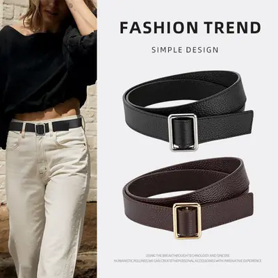 Black Leather Belt for Women with Buckle
