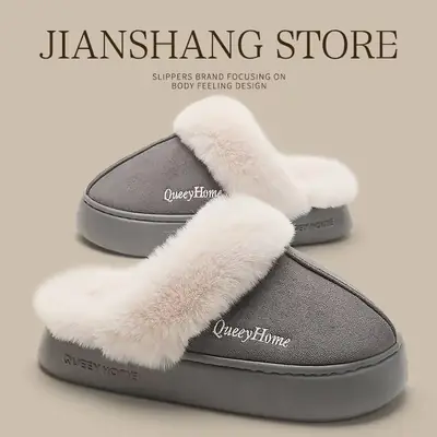 Plush Cotton Slippers for Women, Autumn and Winter Warm 2025 New Model, Indoor Home Non-Slip Thick-Soled Slippers with a Soft Cushioning Feel, Closed-Toe Cotton Slippers for Men
