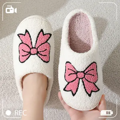 New Home Cute Cartoon Big Bow Winter Cotton Slippers for Men and Women Couple Warm Indoor Cotton Slippers