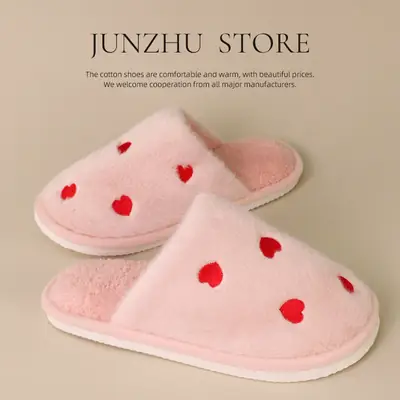 Cross-Border Heart-Shaped Cotton Slippers for Women, New Autumn and Winter Eva Shoes, Home Cotton Slippers with Added Fleece for Warmth, Soft-Soled Furry Slippers