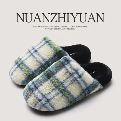 Women Winter Plaid Cotton Slippers Warm Indoor