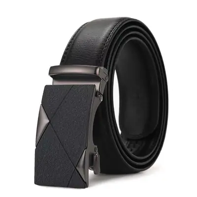 Men's Black Automatic Buckle Belt Genuine Leather Two-Layer