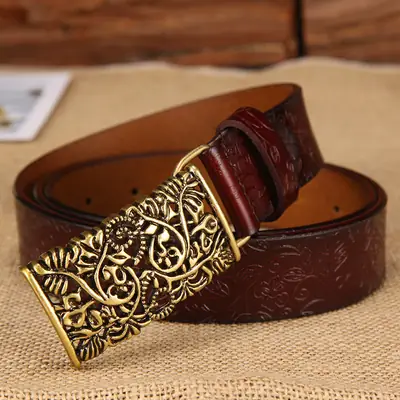 Women's Vintage Gold Plate Buckle Belt Red Cowhide