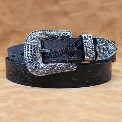 Men's Black Embossed Cowhide Belt with Silver Buckle
