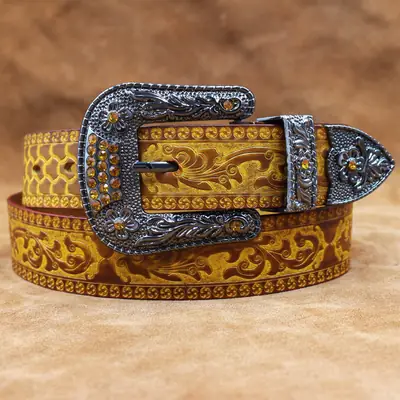 Vintage Men's Genuine Leather Belt with Ornate Buckle