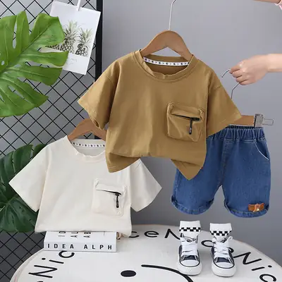 2025 Kids Summer T-Shirt Set with Zip Pocket & Denim Shorts
