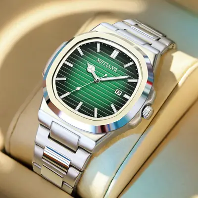 Men's Green Digital Display Quartz Watch with Stainless Steel Band