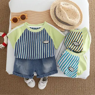 Kids Striped T-Shirt Set Blue White Shorts Set