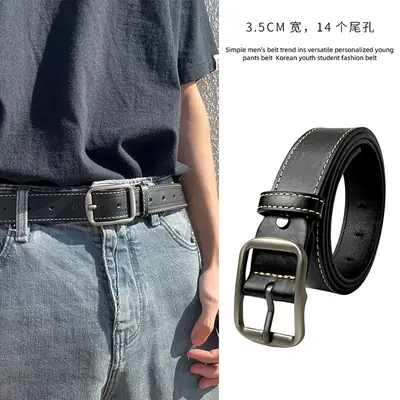 Men's Black Leather Belt with Pin Buckle 3.5cm