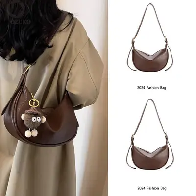 Women's Brown Textured Shoulder Bag with Faux Fur Charm