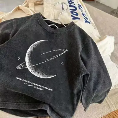 Boys Cotton Moon Print Long Sleeve T-Shirt Black Medium