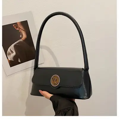 Women's Elegant Brown Leather Shoulder Bag with Crystal Clasp
