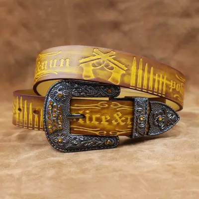 Men's Vintage Gold Leather Belt with Vintage Buckle