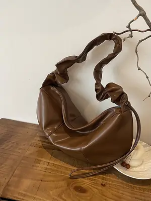 Brown Leather Crossbody Bag with Ruched Handle