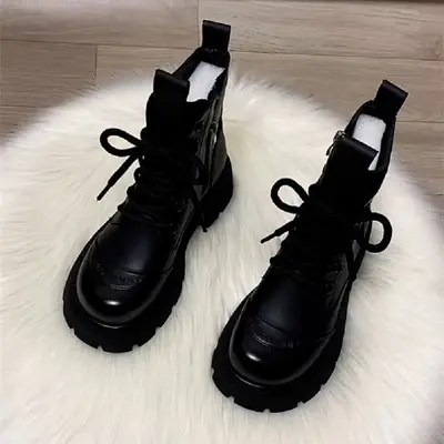 Black Leather Women's Martin Boots 2024 Winter All Match