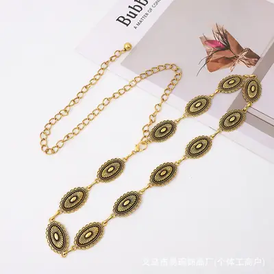 Vintage Ethnic Carved Chain Necklace Set Gold Silver