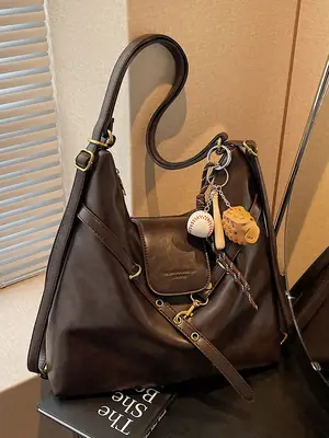 Women's Black Shoulder Tote Bag with Pom Pom Decor