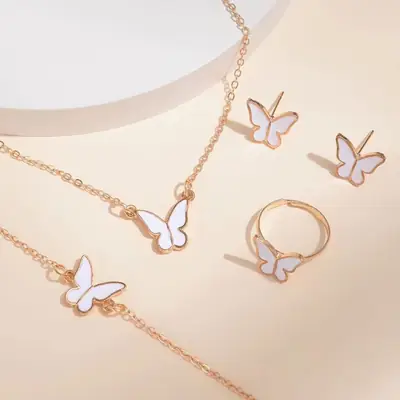 Butterfly Jewelry Set Gold Black Necklace Bracelet Ring Earrings