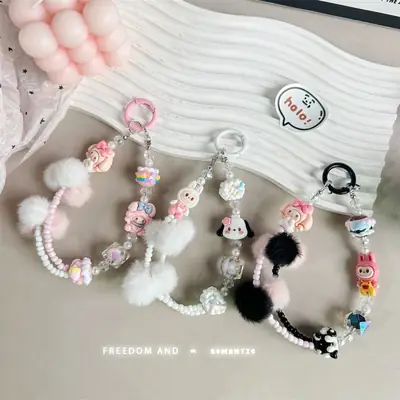 Mobile Phone Keychain with Cute Fur Balls & Hand Painted Beads