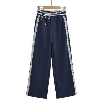 Women Dark Blue Wide Leg Pants Casual Striped Design