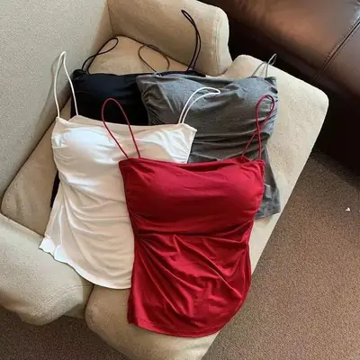 Hot Girls Pleated Thin Shoulder Strap Small Camisole Vest Women's Inner Wear Sweet Style Sleeveless Outer Wear Inner Wear Girl's Slimming Top