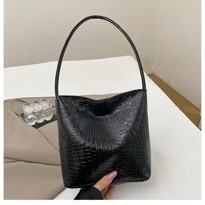 Women's Croc Leather Shoulder Bag Gold Silver Black