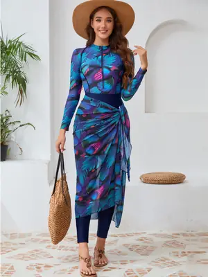 2024 Printed Long Sleeve Muslim Swimsuit with Chest Pad Hat Skirt