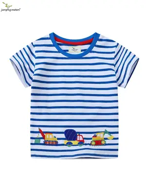 2026 Boys T-Shirt Blue Striped Cartoon Excavator