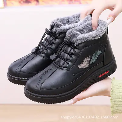 Women's Winter Fleece-Lined Leather Boots Red Black