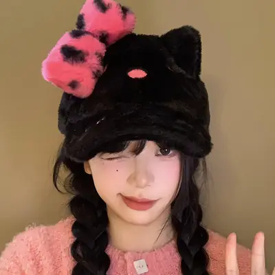 Black Powder Kitty Plush Baseball Cap Women's Autumn Winter Sweet Cool Leopard Bow Cap Face Small Warm Hat