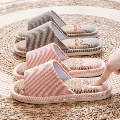 Linen Slippers Women's Summer Indoor Household Non-slip Home Floor Four Seasons Couple's Cotton Linen Slippers Men's