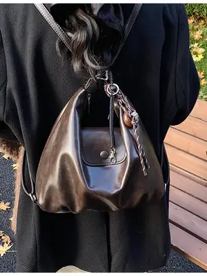 Black Leather Shoulder Tote Bag for Women 2024 Winter