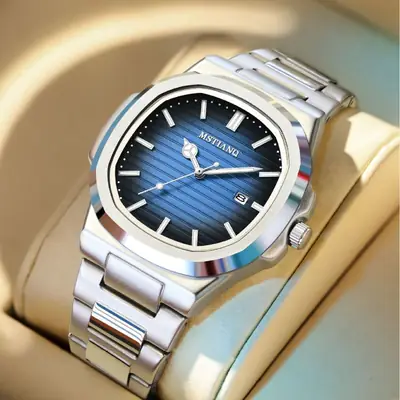 Men's Square Watch with Blue Dial & Mori Steel Band
