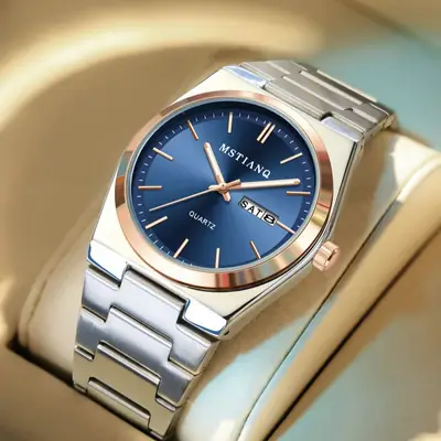 Men's Blue Dial Quartz Watch with Stainless Steel Band