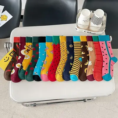 Happy Trendy Men and Women Couple Trendy Socks Men's Long Tube Cotton Socks Animal Colorful Fruit Jacquard Socks