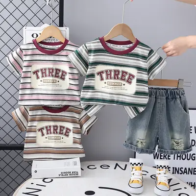 Kids Striped T-Shirt Shorts Set Green White 2025