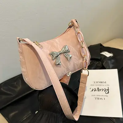 Women's Pink Bow Chain Shoulder Bag 2024 Winter